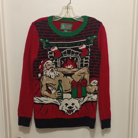 Ugly Christmas Sweater Holiday Colors. Santa Lounges in front of fireplace. S - Picture 1 of 4